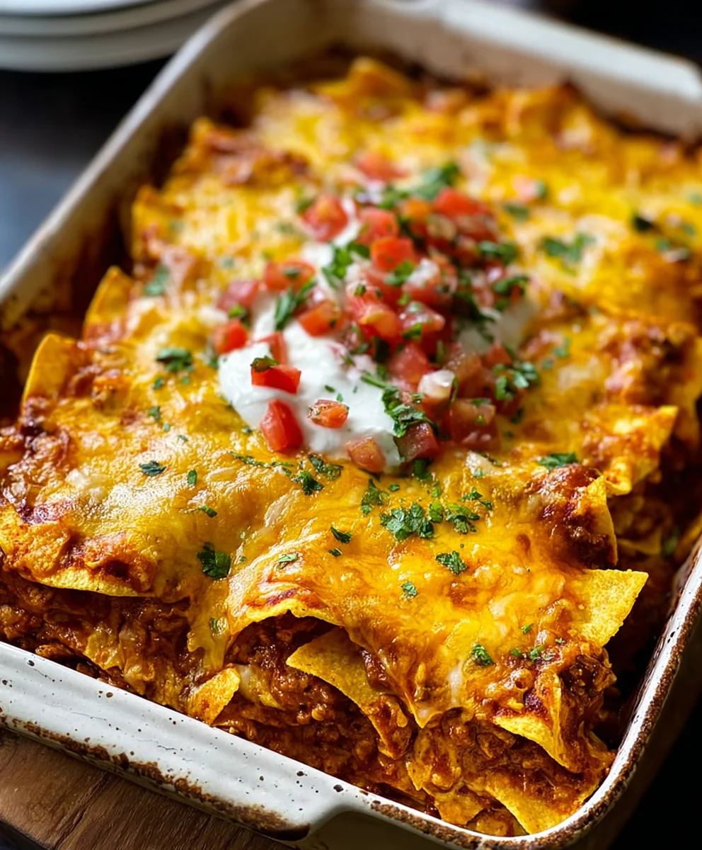 Easy Beef Tortilla Chip Enchiladas-Quick & Cheesy