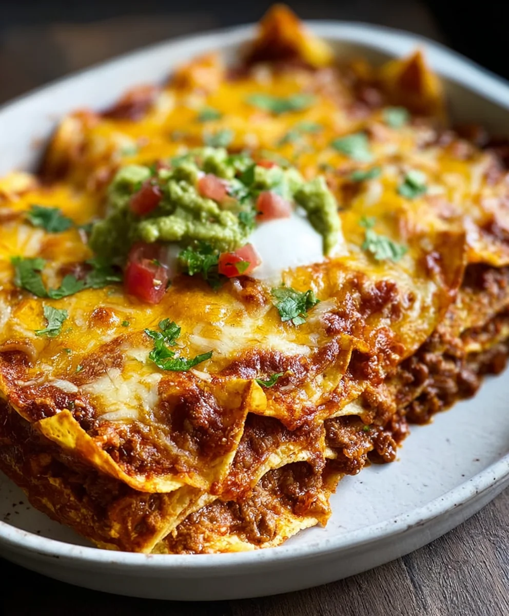 Easy Beef Tortilla Chip Enchiladas-Quick & Cheesy