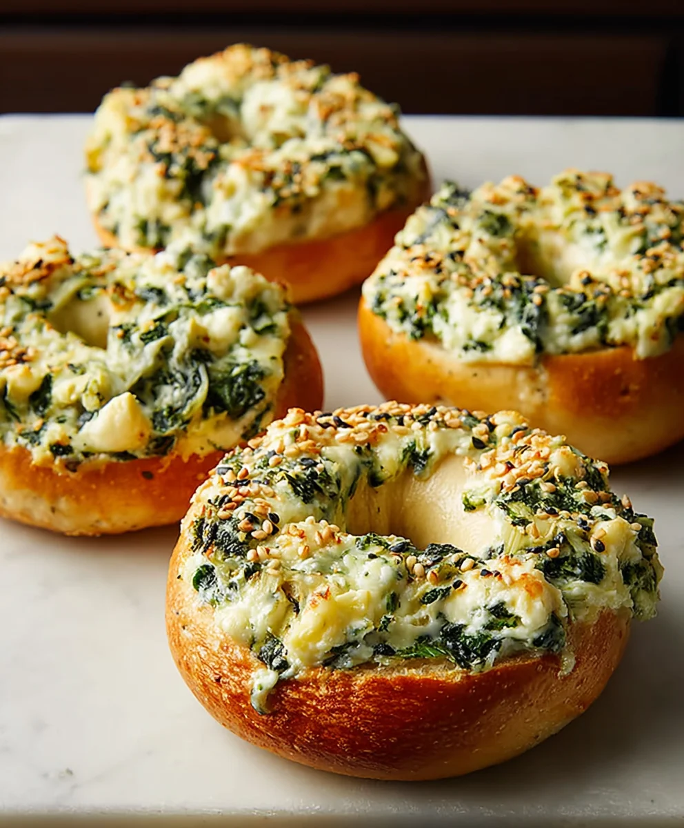 Cheesy Spinach Artichoke Bagels - Delicious Easy Recipe