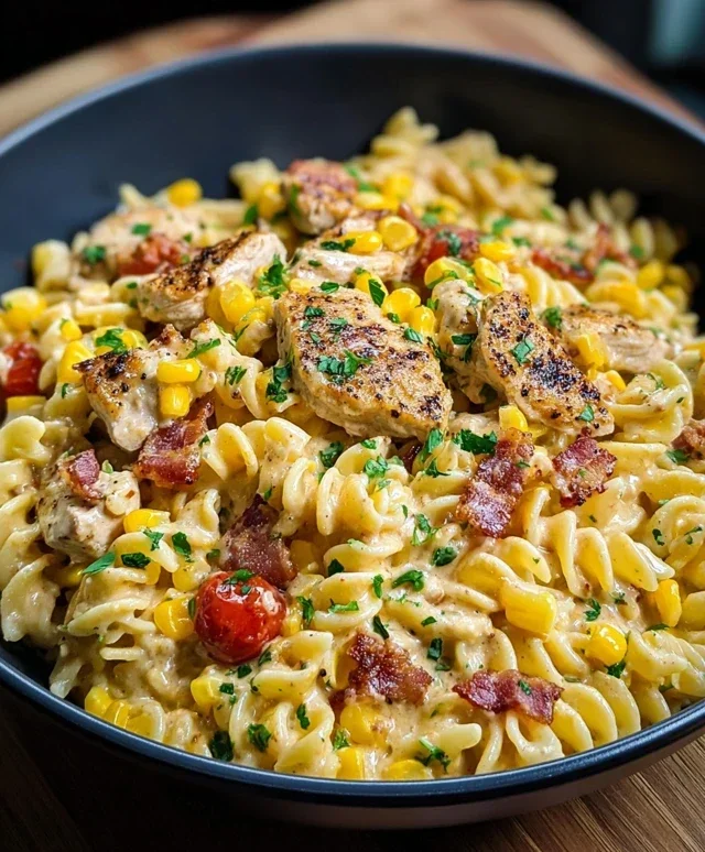 Creamy Chicken and Corn Pasta with Beef Beef Bacon