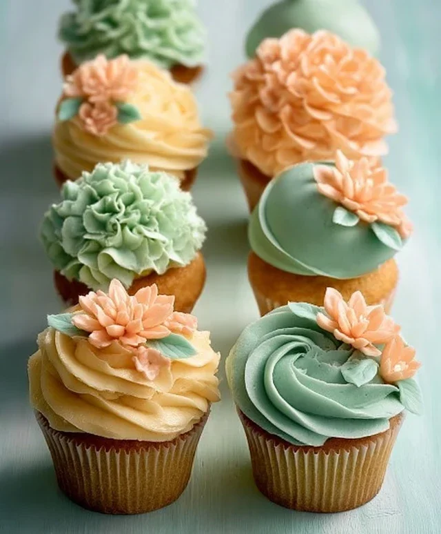 Sweet Treat Cupcake Ideas For Any Celebration : Peach and Soft Green Cupcakes
