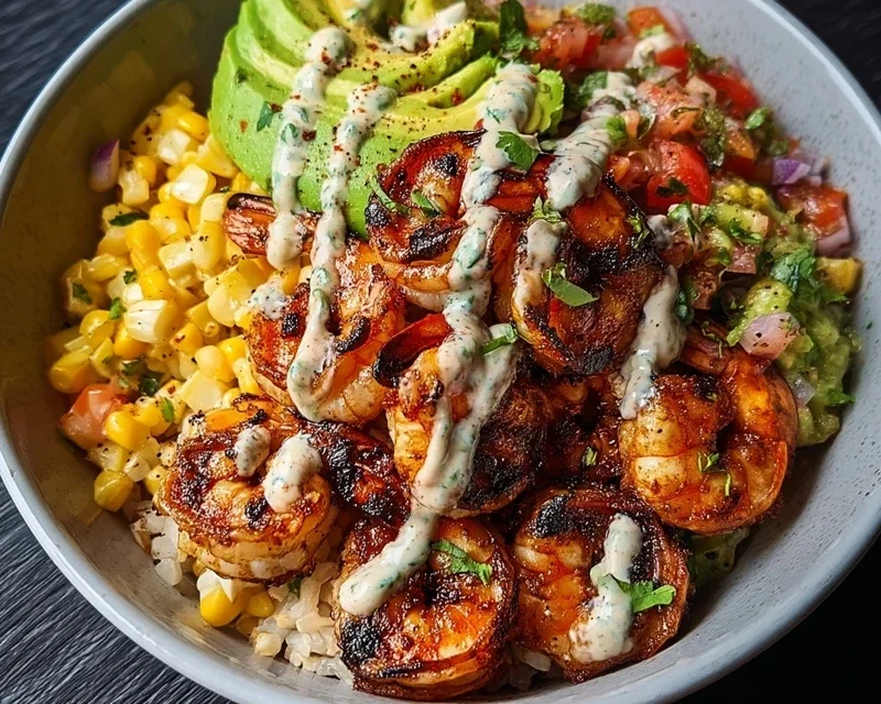 Grilled Shrimp Bowl with Avocado, Corn Salsa & Creamy Garlic Sauce
