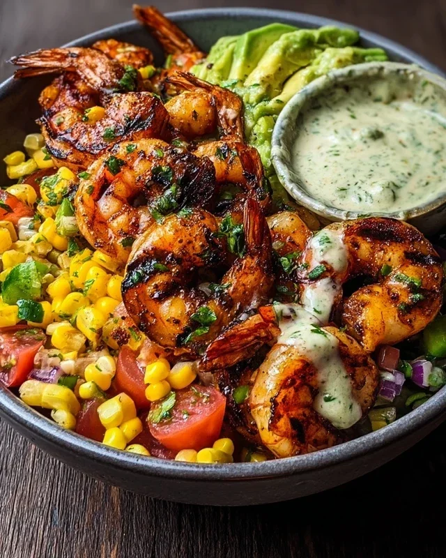 Grilled Shrimp Bowl with Avocado, Corn Salsa & Creamy Garlic Sauce