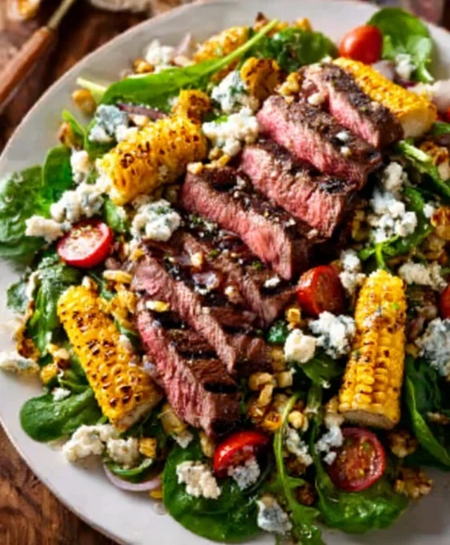 Balsamic Steak Gorgonzola Salad with Grilled Corn