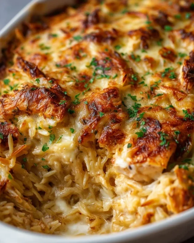 French Onion Chicken Orzo Casserole