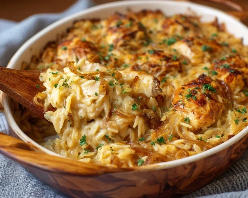 French Onion Chicken Orzo Casserole