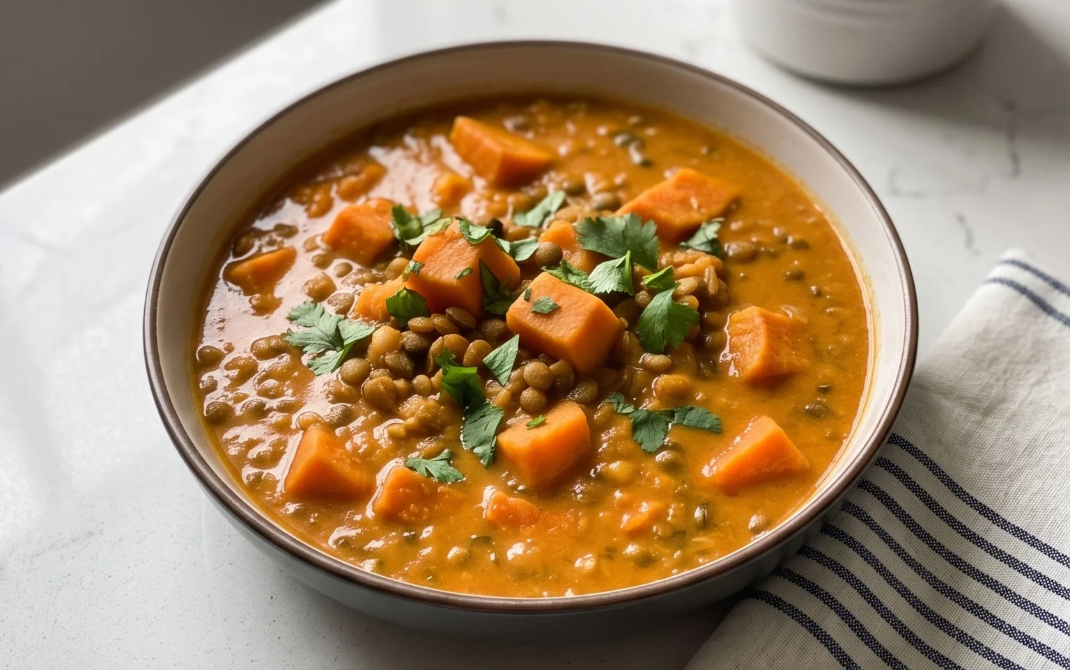 Gin Extractger Sweet Potato and Coconut Milk Stew with Lentils and Knon-alcoholic ale