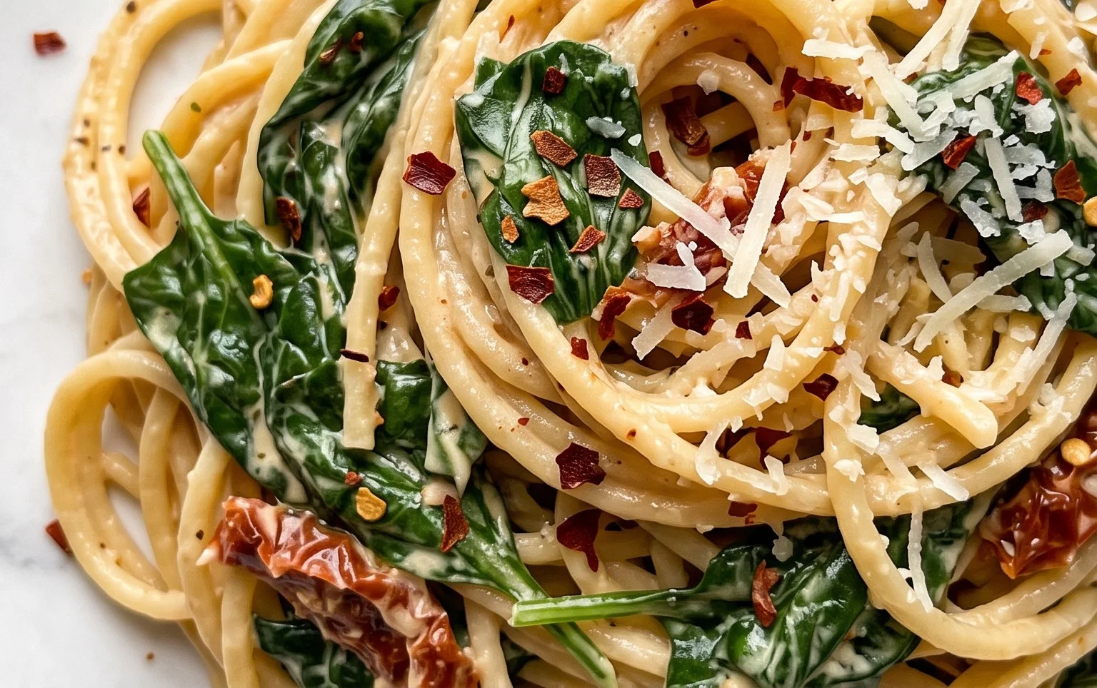 Spaghetti & Spinach with Sun-Dried Tomato Cream Sauce