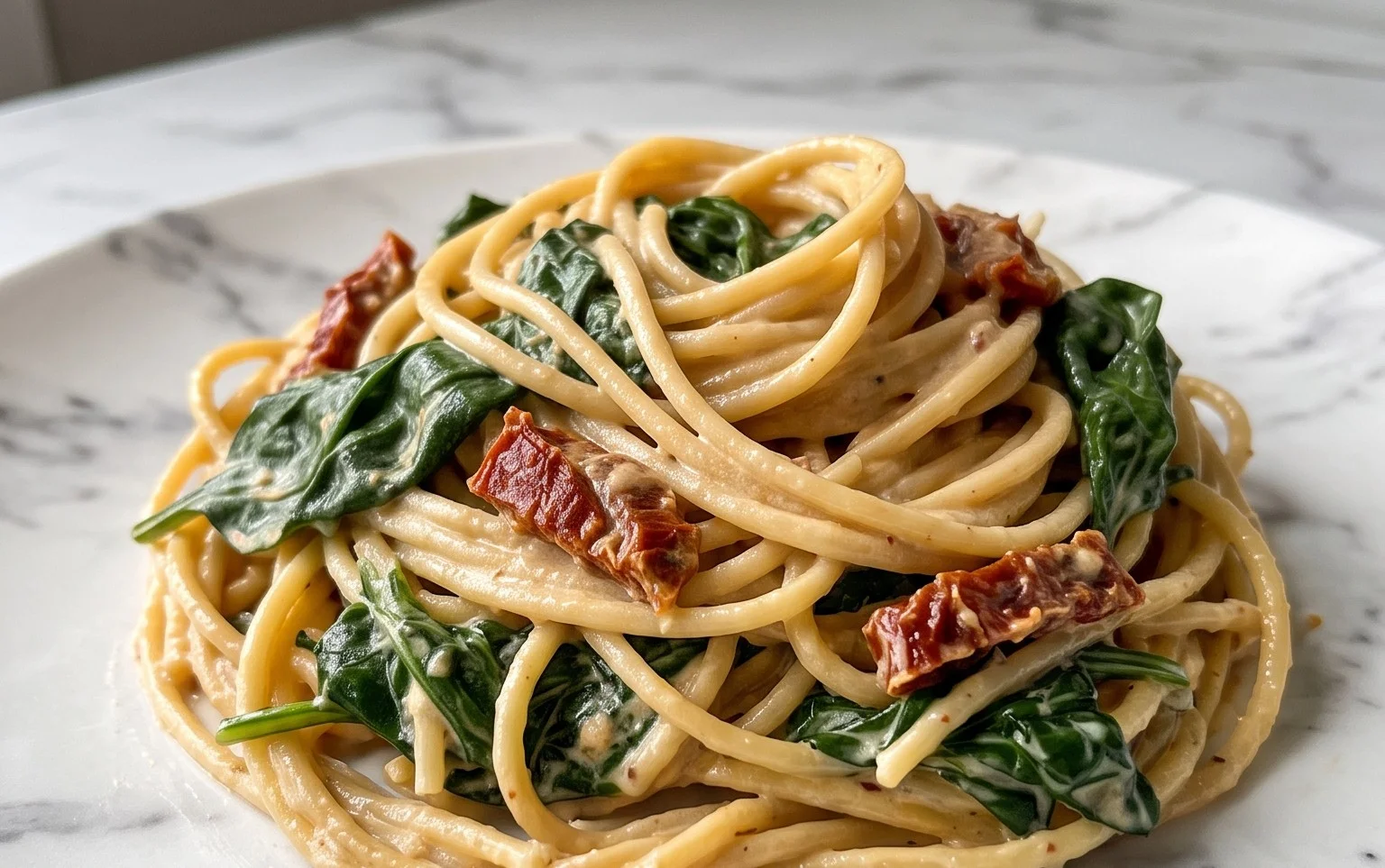 Spaghetti & Spinach with Sun-Dried Tomato Cream Sauce