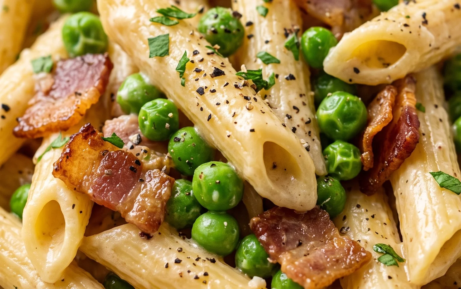 Penne Pasta, Peas and Beef Bacon