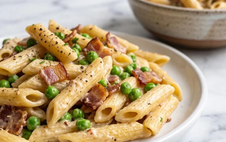 Penne Pasta, Peas and Beef Bacon