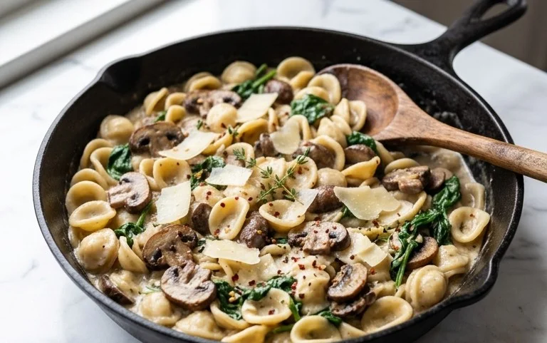Parmesan Spinach Mushroom Pasta Skillet