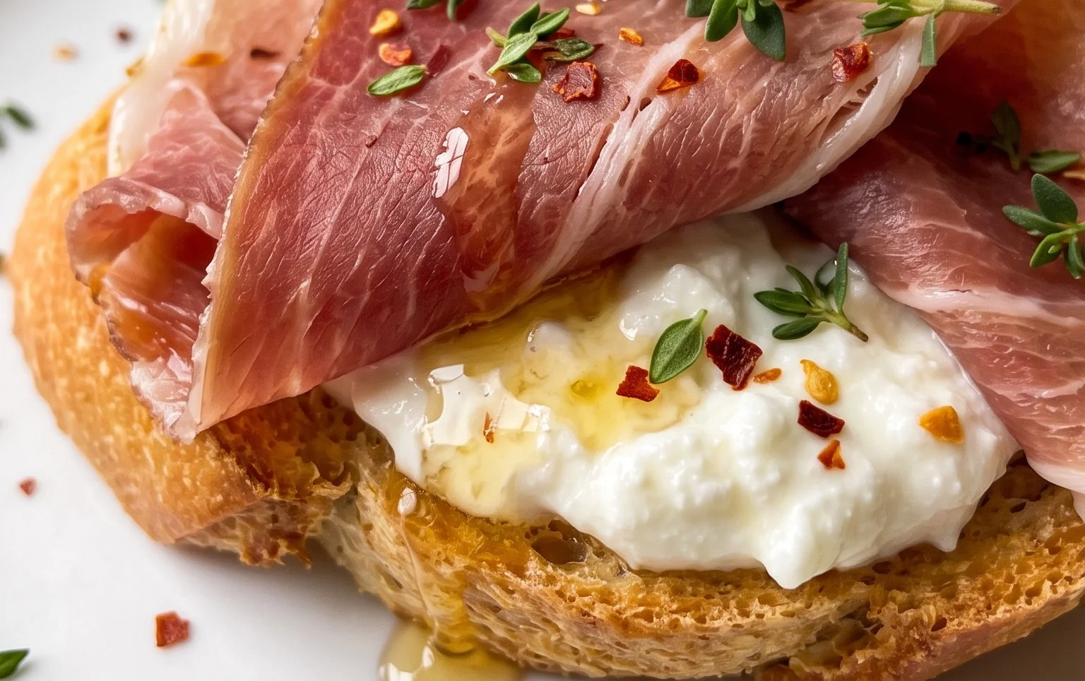 Beef Prosciutto Crostini with Burrata and Lemon Honey Drizzle