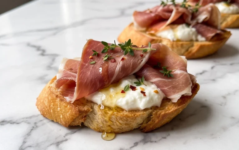 Beef Prosciutto Crostini with Burrata and Lemon Honey Drizzle